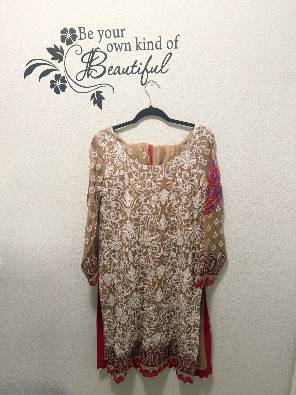 Women’s Beige Suit with Red Embroidered Motifs